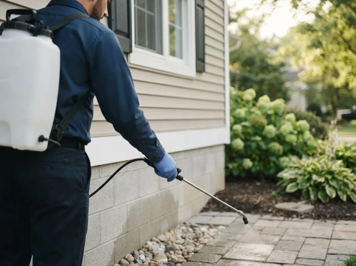 Pest control technician inspecting a home in Bessemer, MI